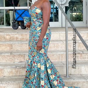 Mermaid style sweet heart neckline African Print gown with train.